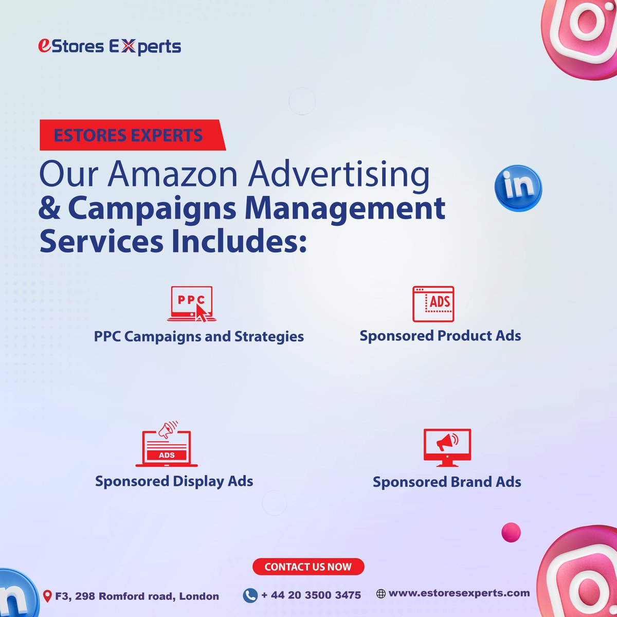 EstoresExperts's tweet photo. 🚀 Elevate Your Amazon Presence with Our Expert Advertising Services! 🚀
For more info:
Call Us: 020 3500 3475
Email: info@estoresexperts.com.
Our Website:https://t.co/2X7tlLELBA
Address: F3, 298 ROMFORD ROAD LONDON E7 9HD https://t.co/4UU0LqoQaq