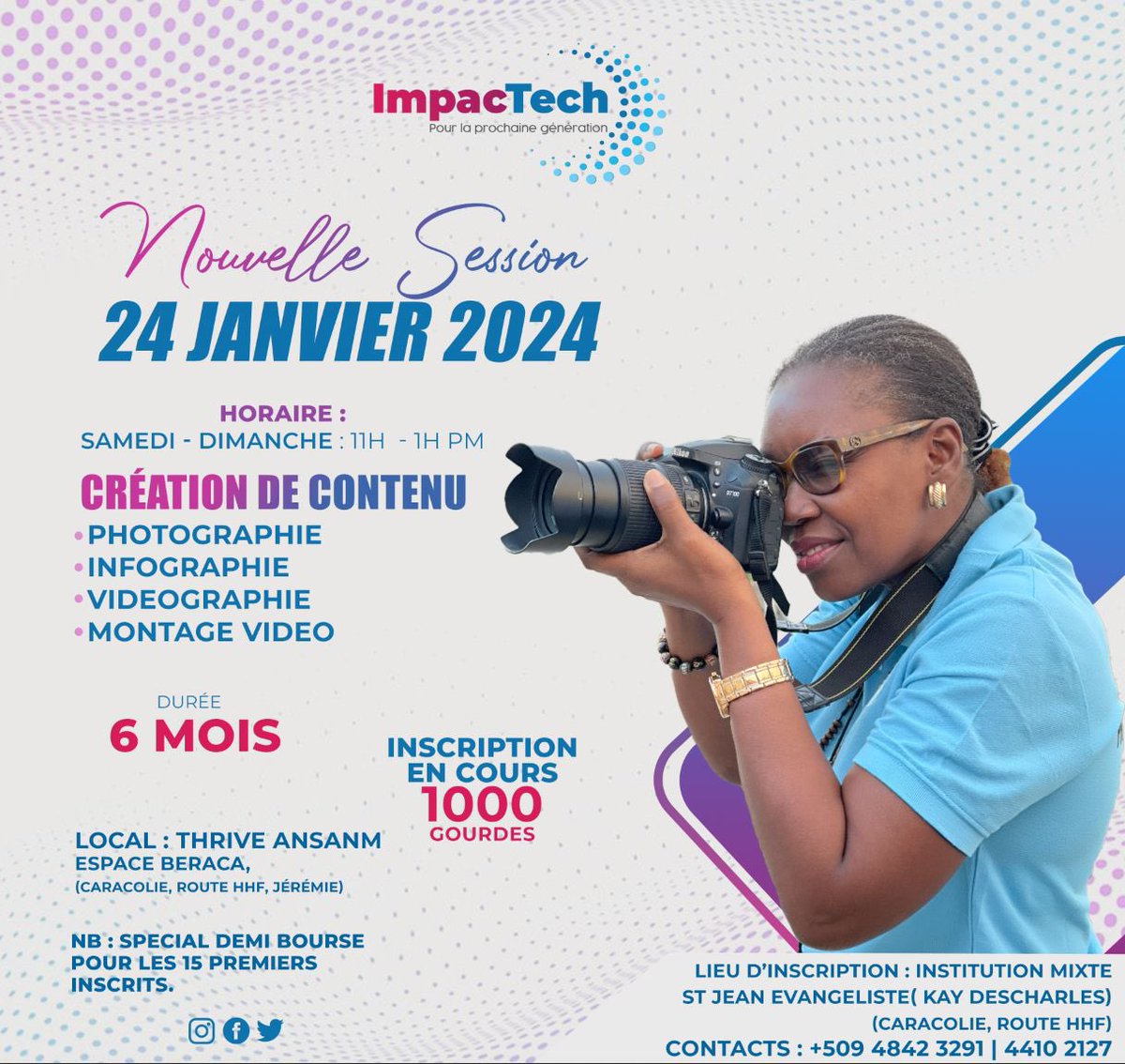 MackchenderB's tweet photo. Impactech, pour la prochaine génération 🥳💯
Nouvelle Session : 24 Janvier 2024
Pase enskri nan lokal Institution Mixte Saint Jean Évangéliste ( Kay mèt Descharles).
Nap tann Ou, gen spesyal demi bous😊
#Impactech https://t.co/IWR6whdHP1