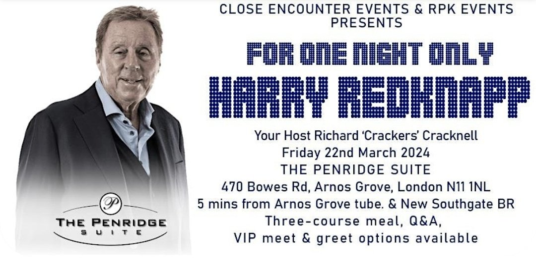 Close Encounter & RPK Events are bringing the brilliant @Redknapp to North London Friday 22nd March @PenridgeSuite Arnos Grove (5 mins walk from the tube station) Tickets for an evening of great food and hilarious tales, here ⬇️ eventbrite.co.uk/e/an-evening-w…