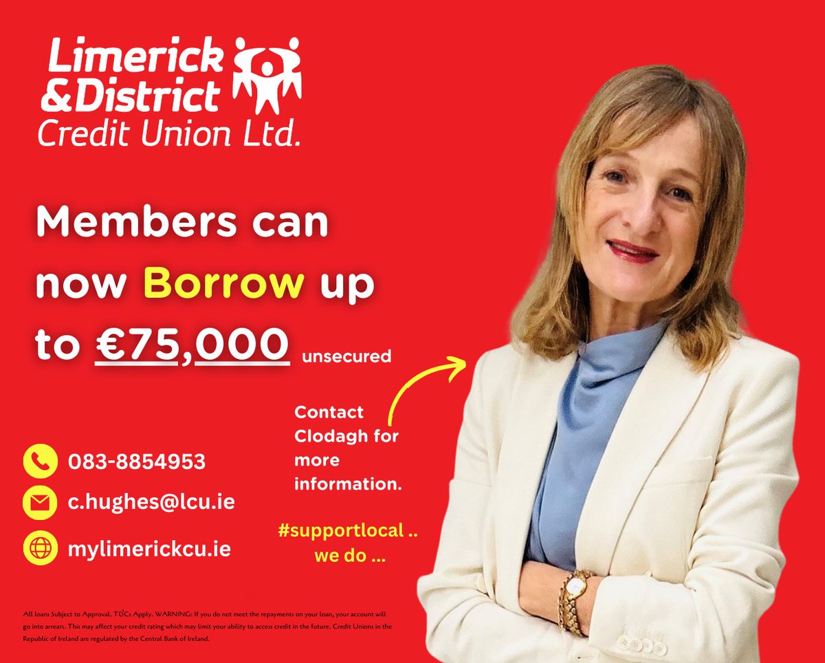 Looking for a Loan? 💶 Make sure to contact Clodagh Hughes for all your Lending Needs! 🤝 Mobile: 083 8854953 Email: c.hughes@LCU.ie Web: mylimerickcu.ie/loan-calculato…