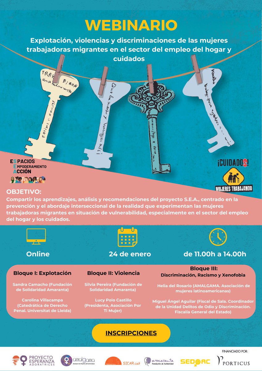ProyecEsperanza's tweet photo. Inscríbete al webinario: Explotación, violencias y discriminaciones de las mujeres trabajadoras migrantes en el sector del empleo del hogar y cuidados
• Formato: online
• Fecha: 24 de enero de 2024
• Duración: 11.00 a 14.00 horas
Inscripciones: https://t.co/zLB1OilLLa https://t.co/wAmANeoMZi