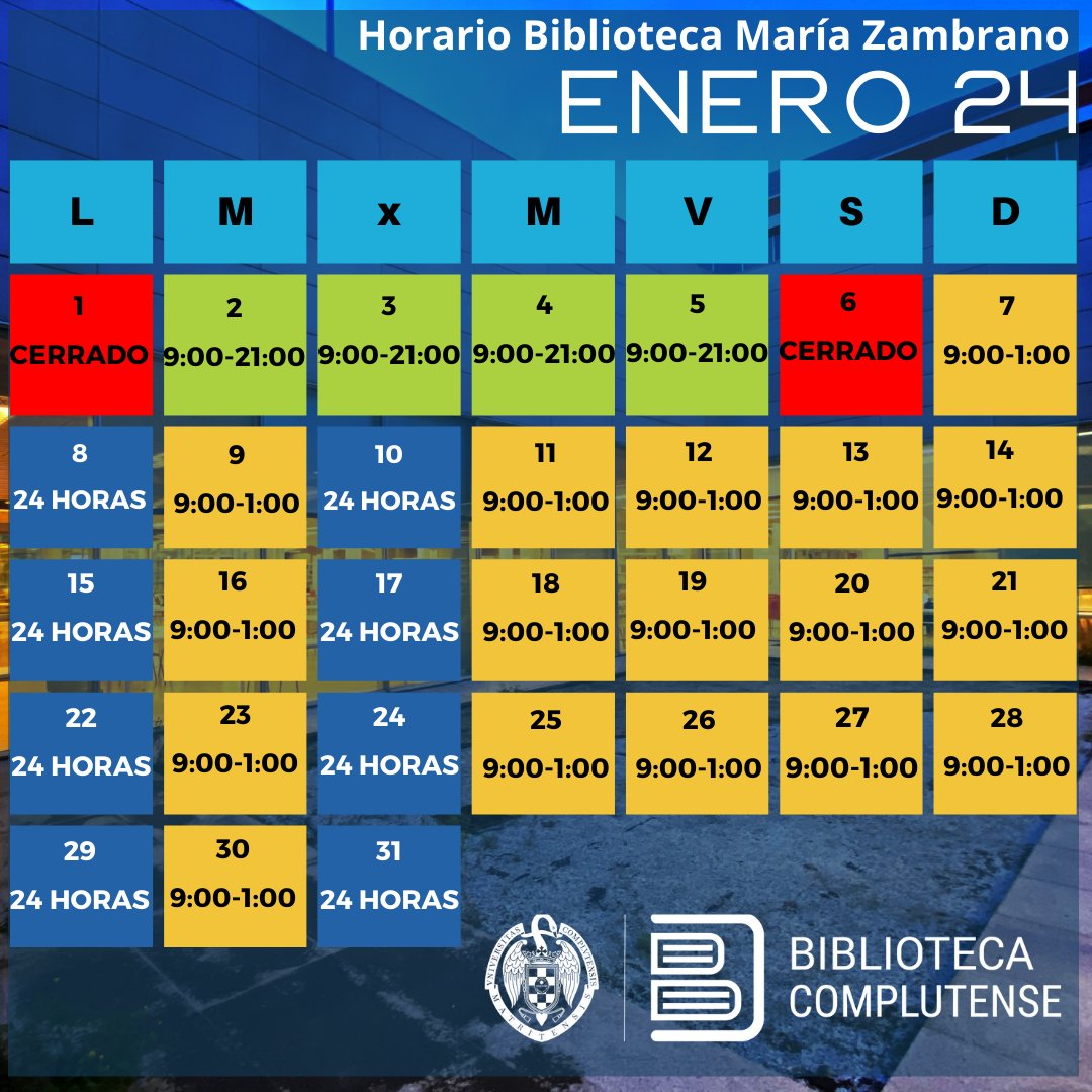 Estos son sus horarios en el mes de enero. Para acceder se necesita el carné de la @unicomplutense. 🚪Estamos trabajando para mejorar la velocidad de acceso a la Zambrano con los nuevos tornos. #BibliotecaComplutense