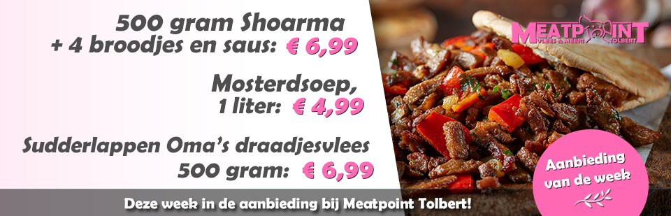 MeatpointNL's tweet image. Deze week in de aanbieding bij @MeatpointNL:

- 500 gram shoarma, plus 4 broodjes, samen: € 6,99
- Mosterdsoep, 1 liter voor maar: € 4,99
- Sudderlappen Oma’s draadjes vlees, 500 gram: slechts € 6,99

Kijk ook op onze website: meatpointtolbert.nl