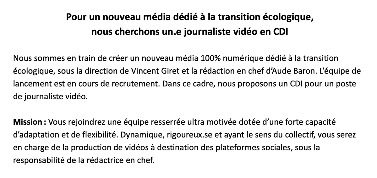 AudeBaron's tweet image. Je recrute un CDI journaliste vidéo ✅ Avec @vincentgiret, je bosse sur la création d&apos;un média sur la transition écologique. Nous cherchons une personne super motivée pour rejoindre notre petite équipe. Fiche de poste + modalités pour candidater 👉🏾 bit.ly/41MEFi5