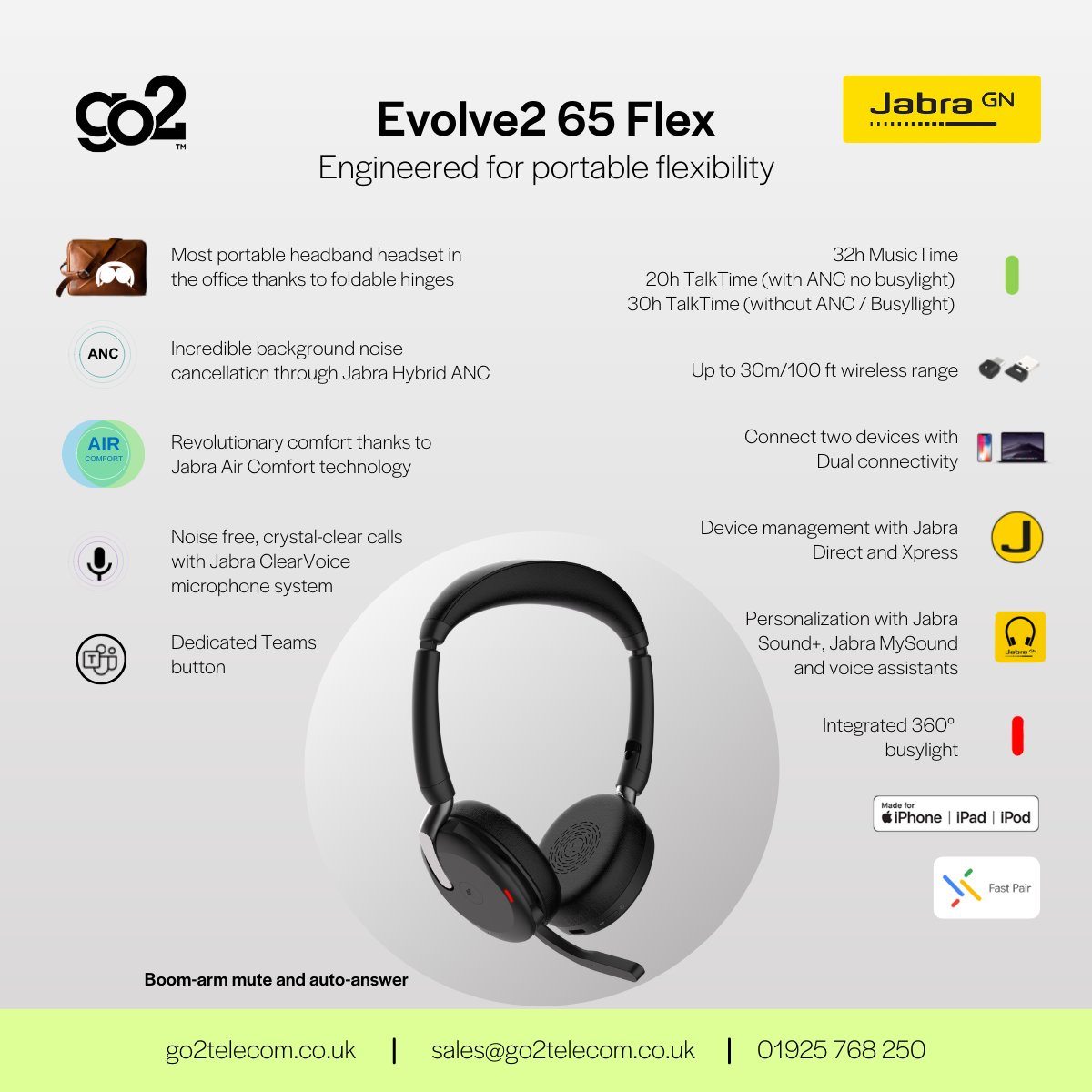 go2telecom's tweet photo. Your time to FLEX? Contact the @go2telecom team today and find out all about the Jabra EVOLVE2 65 Flex and the other fantastic headsets in this range!

#Evolve2 #Jabra #Headsets #Flexibility https://t.co/cypTU9Qhsb