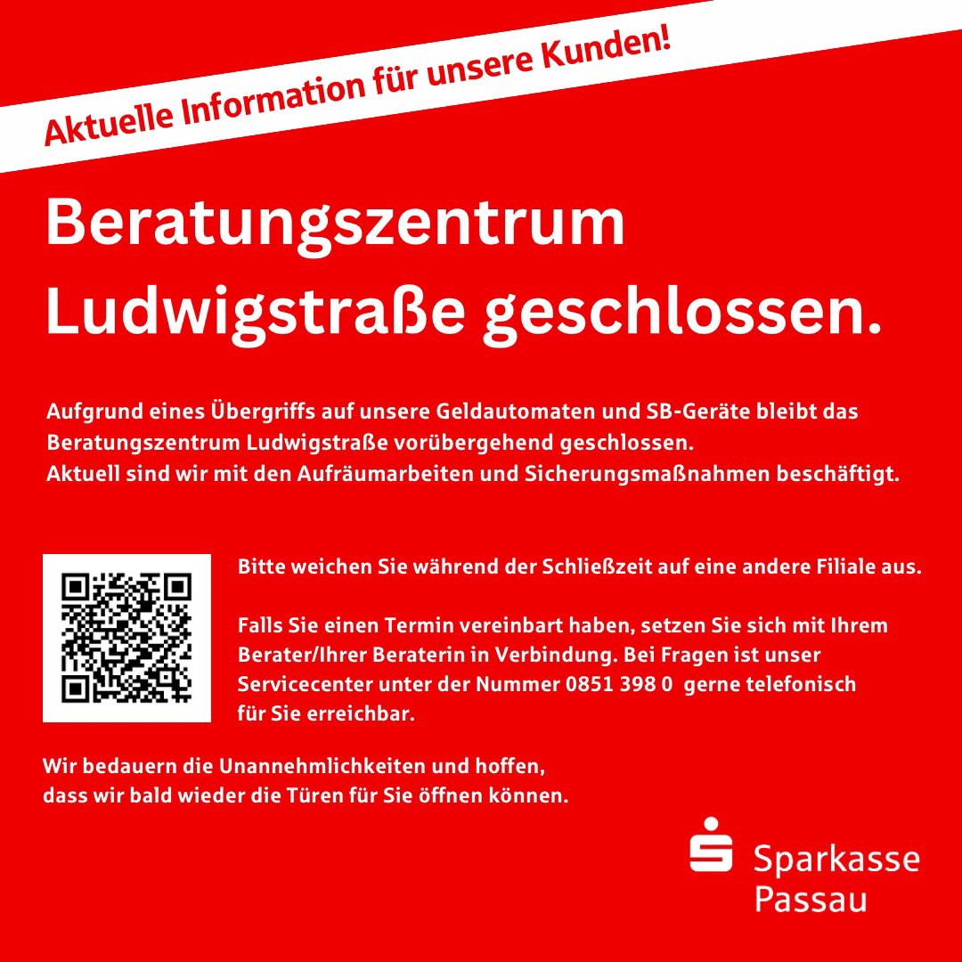 SparkassePassau's tweet photo. Aufgrund eines Übergriffs auf unsere Geldautomaten und SB-Geräte bleibt das Beratungszentrum Ludwigstraße vorübergehend geschlossen.
Aktuell sind wir mit den Aufräumarbeiten und Sicherungsmaßnahmen beschäftigt. https://t.co/oCaQmbyKGd