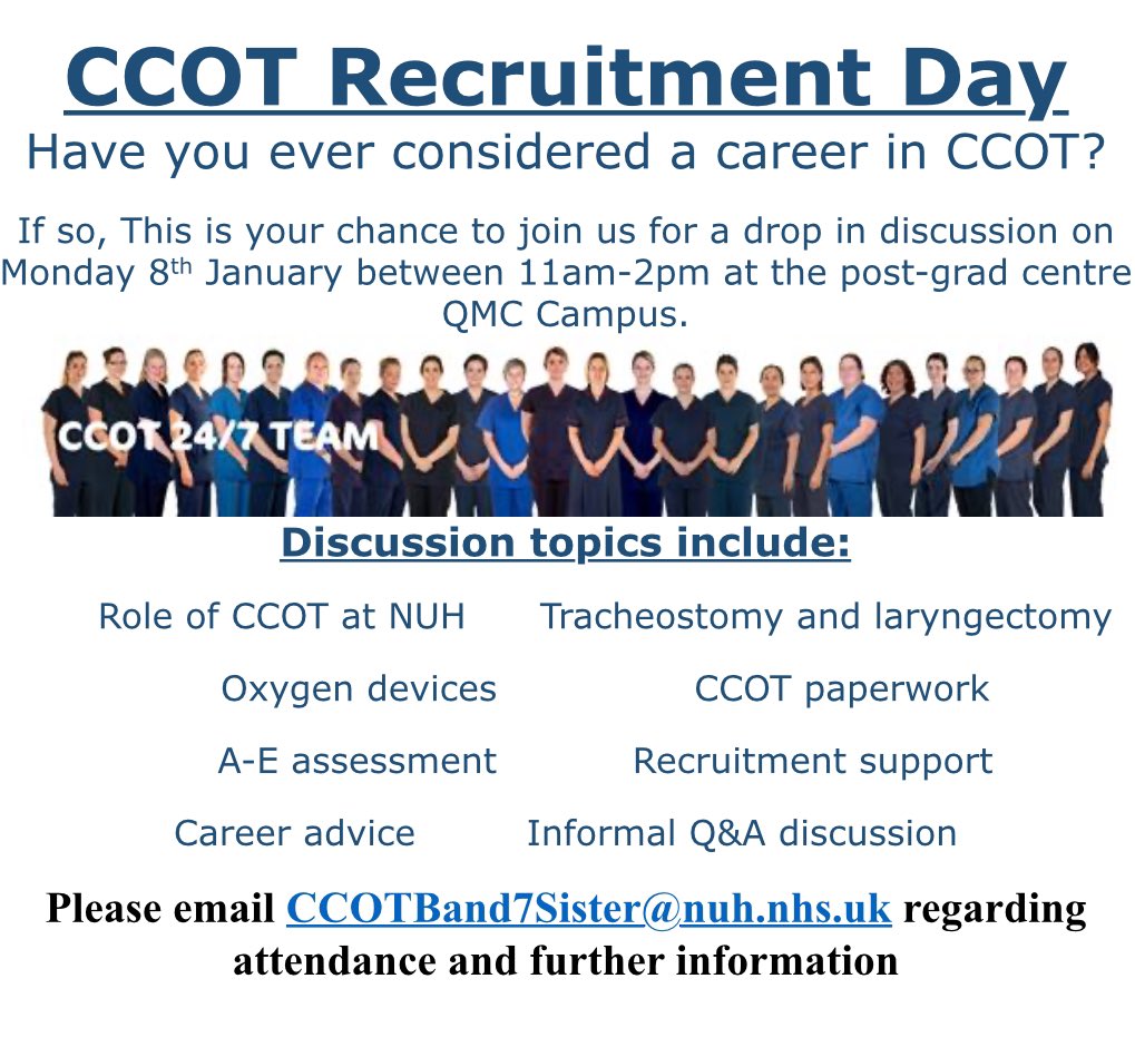 CCOT recruitment day!! Join us today at the Post Grad centre QMC from 11am till 2pm