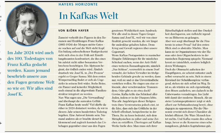 Bjoern_Hayer's tweet photo. Von der Suche nach #Metaphysik bis zur Diagnose einer aus den Fugen geratenen Welt - davon erzählt die #Literatur eines #FranzKafka, dessen 100. Todestag sich 2024 jährt. Was am ihm aktuell ist, diskutiere ich in meiner Kolumne @DieTagespost #Moderne #Judentum https://t.co/hSHtfXexzY