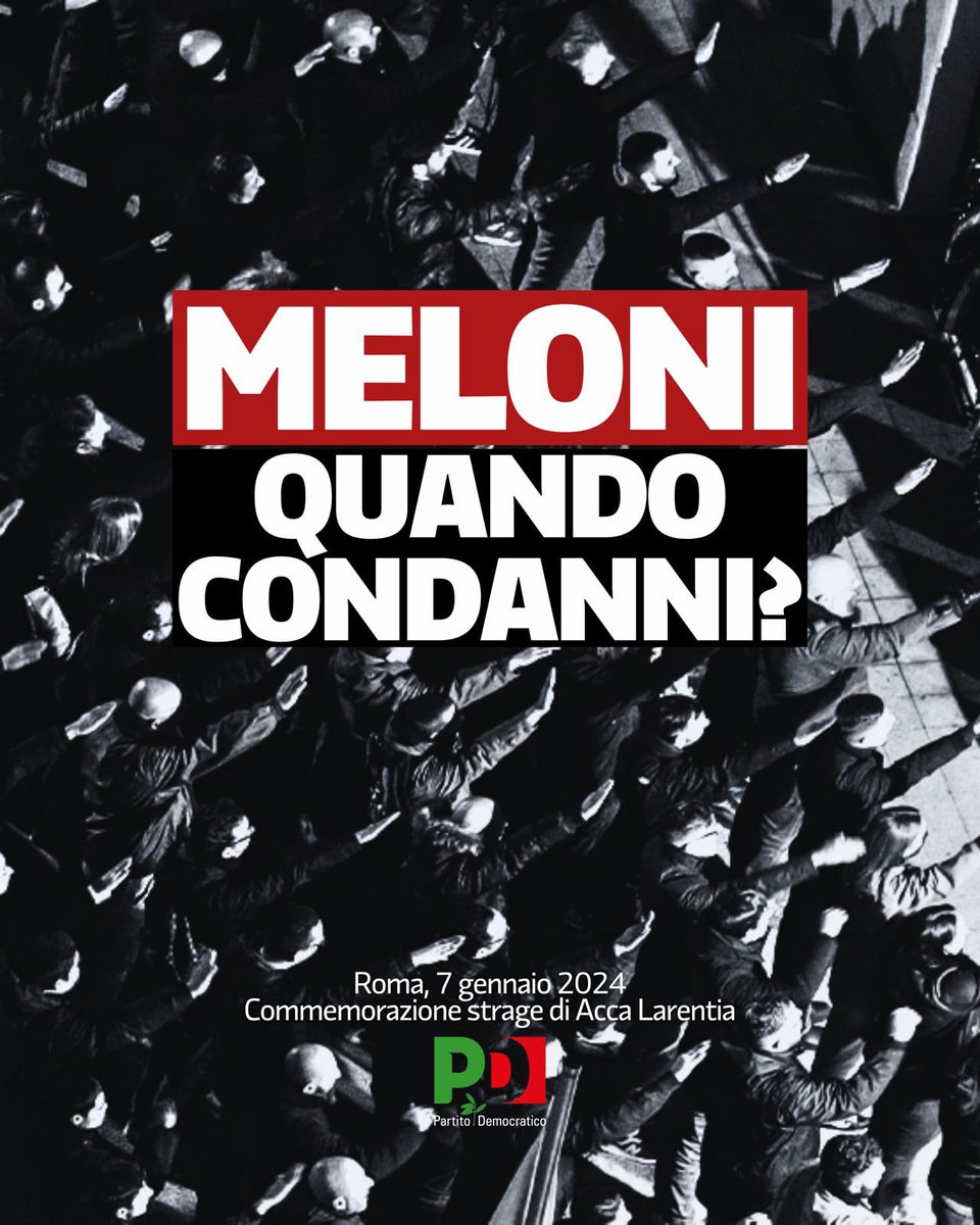 "Roma, 7 gennaio 2024. E sembra il 1924." - <a href="/ellyesse/">Elly Schlein</a> 

Meloni condanni e prenda le distanze da quanto avvenuto ieri ad #AccaLarenzia, tra vergognosi saluti romani e inneggiamenti al fascismo. Non possono rimanere ambiguità.