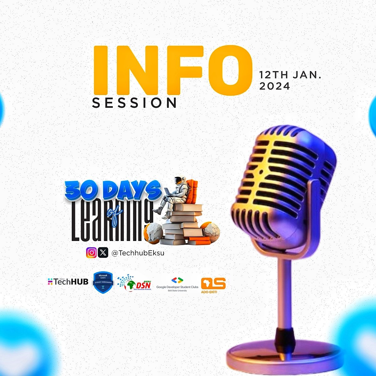 Join us for an enlightening session kicking off our #30DaysOfLearning this Friday, January 12th!

Expand your knowledge, engage, and become part of an amazing journey.

Set a reminder!
👉 x.com/i/spaces/1OwGW…

#techhubeksu #eksu #ekiti #tech #learning