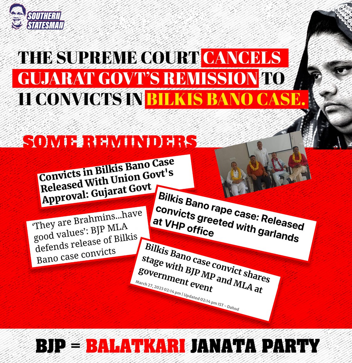 When these convicts were out for more than a year, the BJP and Sangh Parivar groups celebrated them!!

Hence we call the BJP - #BalatkariJanataParty

#BilkisBano #remission #gujarat #gujaratgovt #gangrape #2002gujaratriots #BJP #SupremeCourt