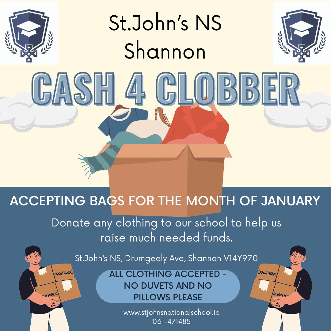 👚🧦👖January clean out time! 🧣🩳👔

We are running our annual cash for clobber over the month of January and would really appreciate your support. 

We are accepting all clothing in all conditions which can be bagged and dropped to the school.