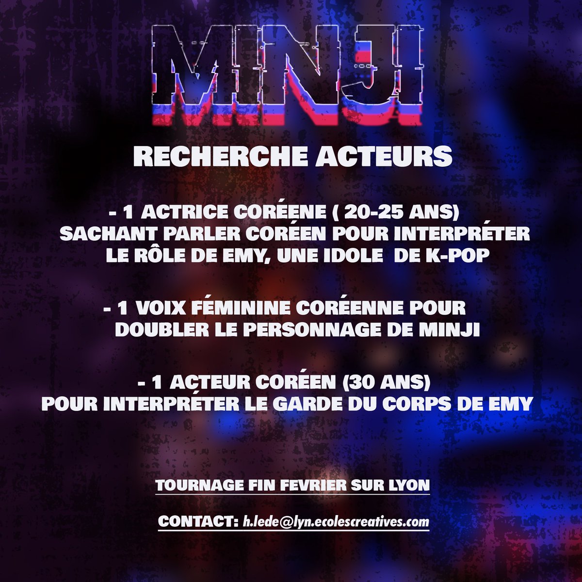 Ins_gabs's tweet photo. Hello ! Je réalise un court métrage pour valider mon cursus en école de cinéma, c’est un court métrage cyberpunk sur un robot au sein d’une agence de Kpop, on cherche des acteurs donc si vous ou qqn autour de vous correspondez à ces critères hésitez pas à postuler ! Merci 🙏 https://t.co/eDVrxxxMb9