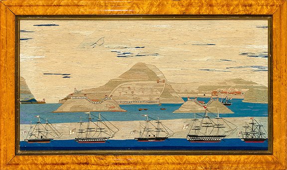 AntiqueDigest's tweet photo. Late 19th century English sailor’s woolwork, 15" x 28½", depicts 5 ships at Boca Tigris, Guangdong Province, China, and a wall and fortifications on the shore. It realized $5040 (est. $800/1200) at @DoyleNewYork https://t.co/0p9Vdug7oR #antiques #antique #China #woolie #folkart https://t.co/EBAmyDprvV