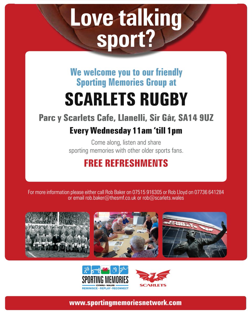🏉⚽⛳🏏🎾 Our Sporting Memories group is back for 2024!!

We'll be meeting on Wednesday at 11am at the Parc y Scarlets cafe. Come along for a coffee and a cake, a quiz and sporting chat!!

Ymunwch â ni ar Ddydd Mercher am sgyrsiau a cwis chwaraeon!  

<a href="/SMN_Wales/">Sporting Memories Wales</a>