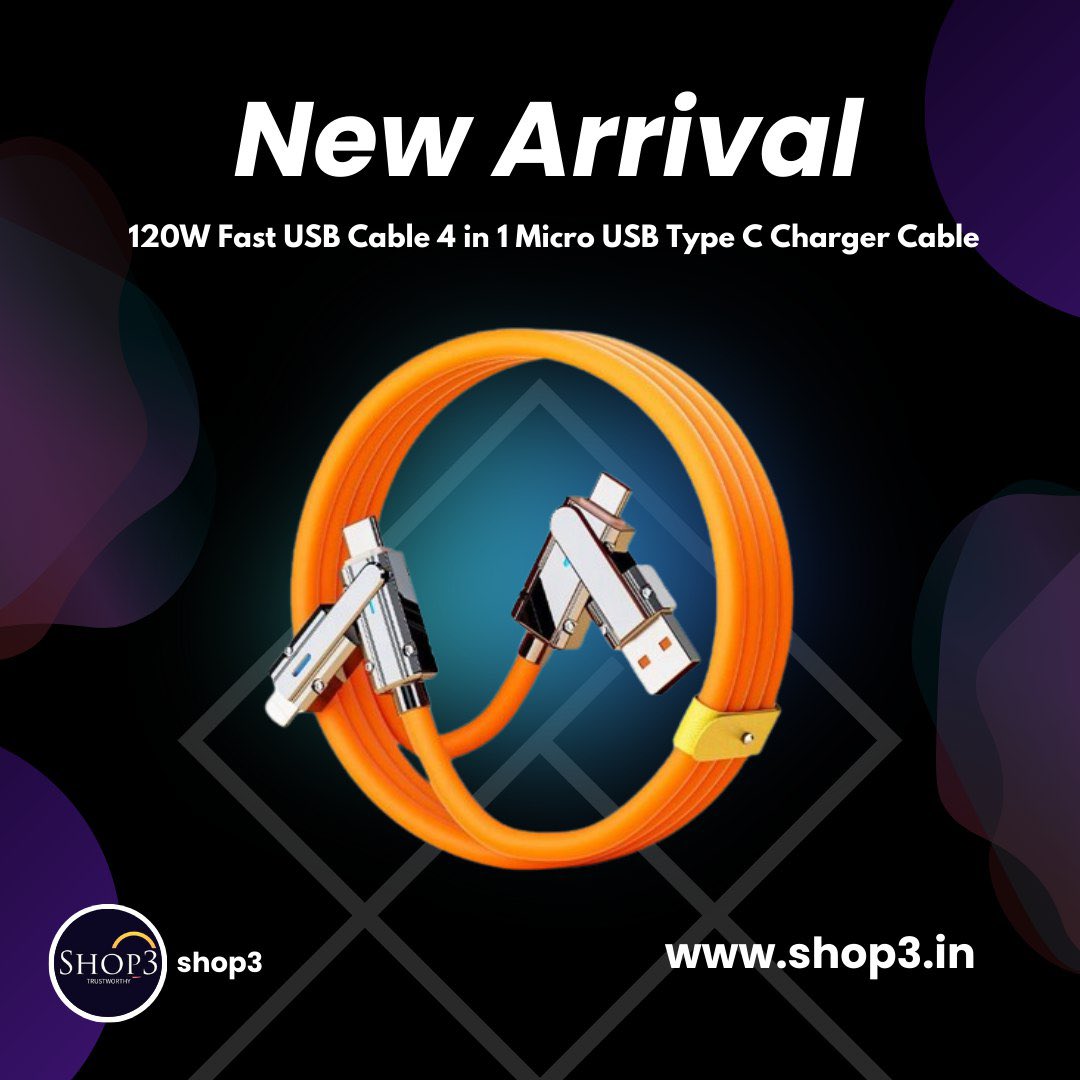 Shop3_in's tweet photo. New Arrival 🔥 120W Fast USB Cable Retractable Portable 4 in 1 Micro USB Type C Charger Cable 

#shop3 https://t.co/9LQnGygbXS