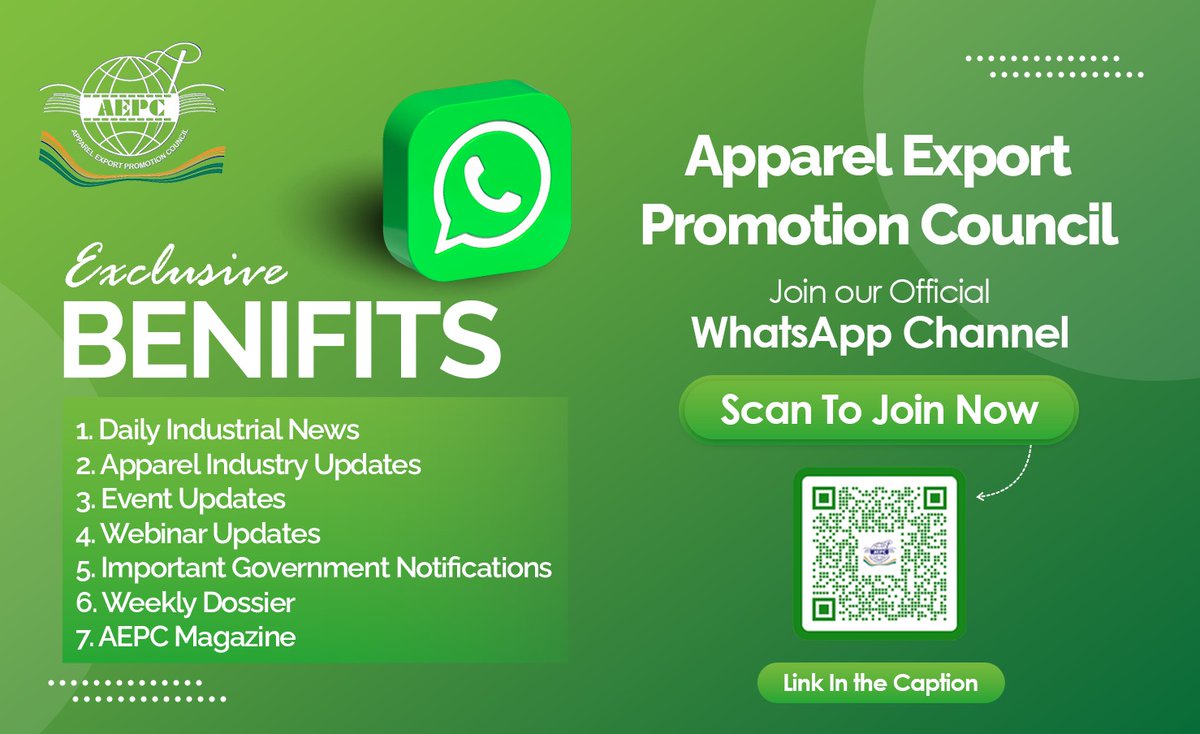 aepcindia's tweet image. Get Updates Firsthand! 📷
Join our official WhatsApp Channel for a direct line to Apparel Export Promotion Council.

Click on the link to join now: buff.ly/4aN28DS

#AEPC #JoinUs #WhatsAppUpdates #StayConnected