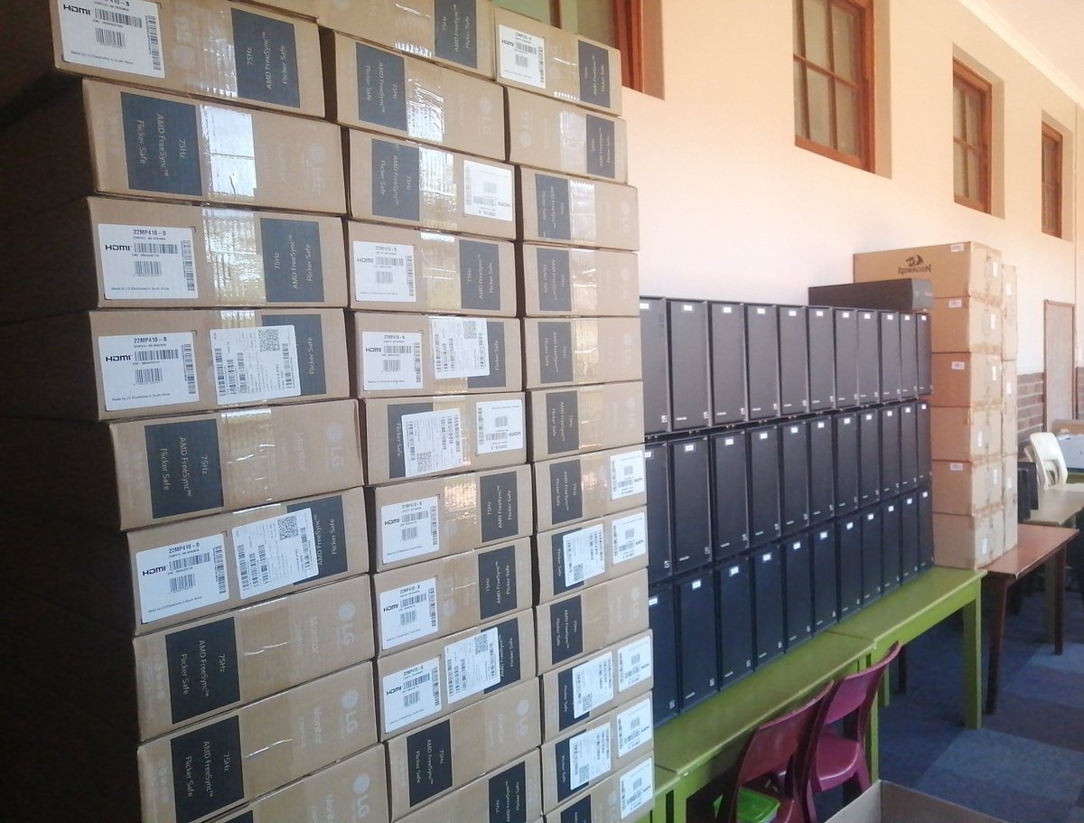 JHSTOLTZ's tweet photo. Today is the day we finally get to move these PC's into the classroom. Thank you once again @PCBuilderZA and African Gaming. Almost ready for gaming and education. #GameOnDayOne #PRGeSport https://t.co/ZIT4IDwgI5