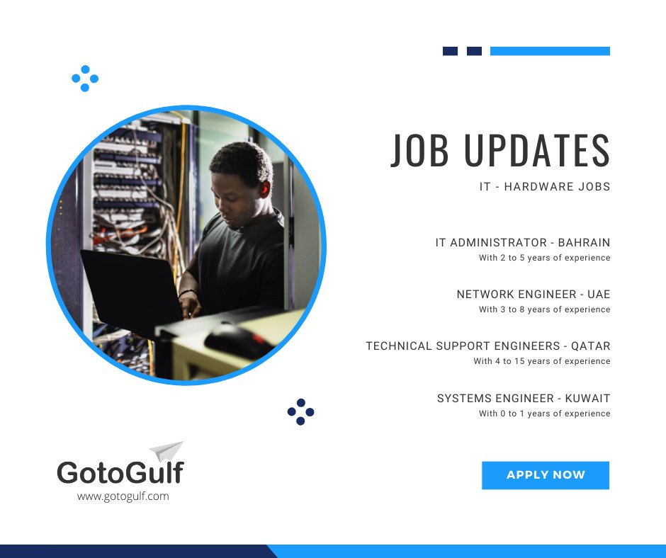Gotogulfjobs's tweet photo. Click on the below link to apply for the job vacancies,
https://t.co/UXXgYBFP0t

#gotogulf #jobs #middleeast #jobseeker #recruitment #it #information #technology #hardware #adminstrator #network #support #system #engineer #kuwait #qatar #bahrain #uae #unitedarabemirates https://t.co/Io7wvKAEAg