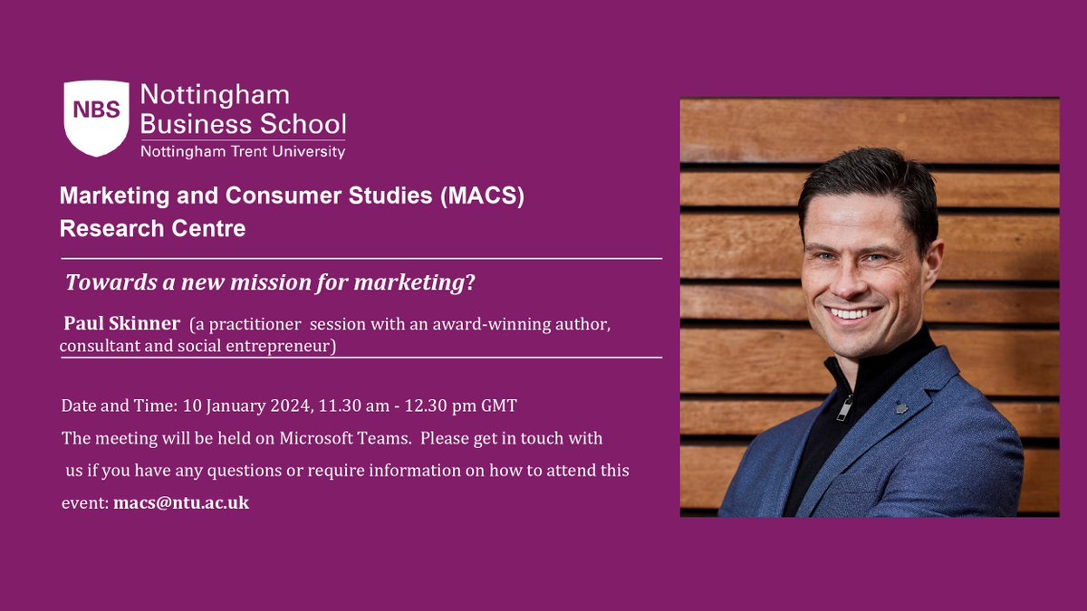 Marketing and Consumer Studies Research Centre (@mktresearchnbs) on Twitter photo It only 2-days away and we host #PaulSkinner from
<a href="/BeMarketingKind/">MarketingKind</a> for our next #ResearchAssembly. Paul’s online presentation will challenge us on how marketing can improve quality of life. Register and be inspired!
👉
ntu.ac.uk/about-us/event… It only 2-days away and we host #PaulSkinner from
<a href="/BeMarketingKind/">MarketingKind</a> for our next #ResearchAssembly. Paul’s online presentation will challenge us on how marketing can improve quality of life. Register and be inspired!
👉
ntu.ac.uk/about-us/event…