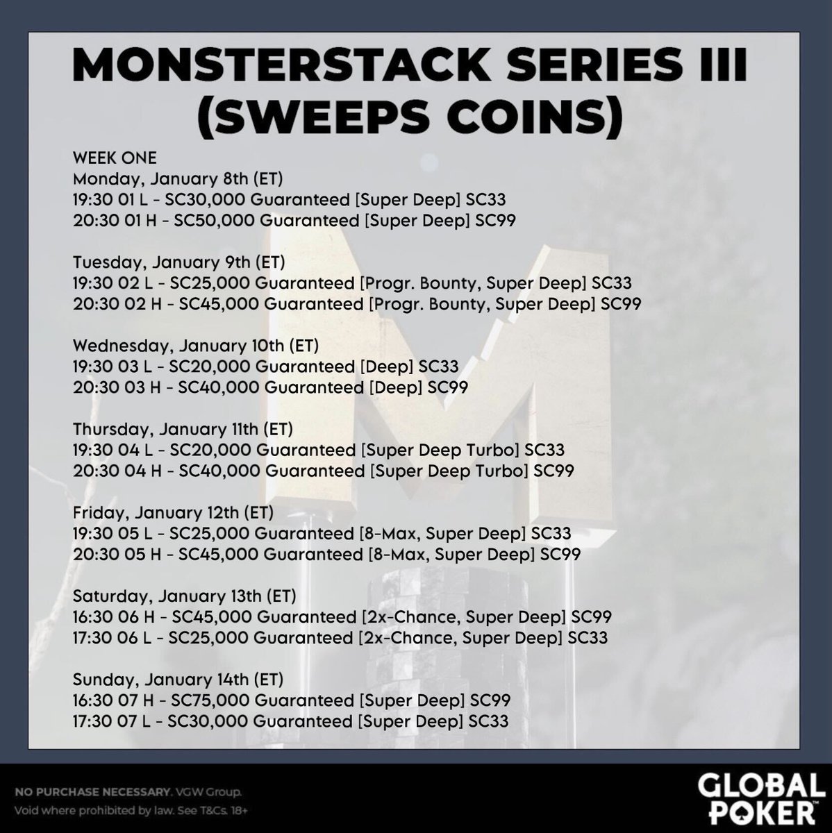 official_glp's tweet photo. Comment your #GLOBALPOKER username below if you think you're winning your first trophy for 2024 this week. #MONSTERSTACK #MONST3RSTACK
βοΈπ https://t.co/M2whxTr8gX πβοΈ https://t.co/9W5b9Wt3GM