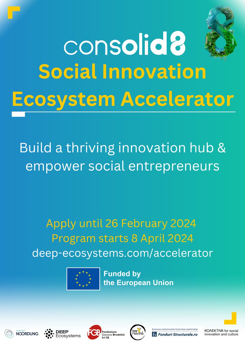 📢 Call for applications: #EUInnovationEcosytems-funded Consolid8 Social #Innovation Ecosystem Accelerator!

🇪🇺 Open to EU &amp; #HorizonEurope countries,
🗓️ Deadline: 26/02/24.

Apply to develop your business model, access funding &amp; make a lasting impact 👇
bit.ly/48q8AiH
