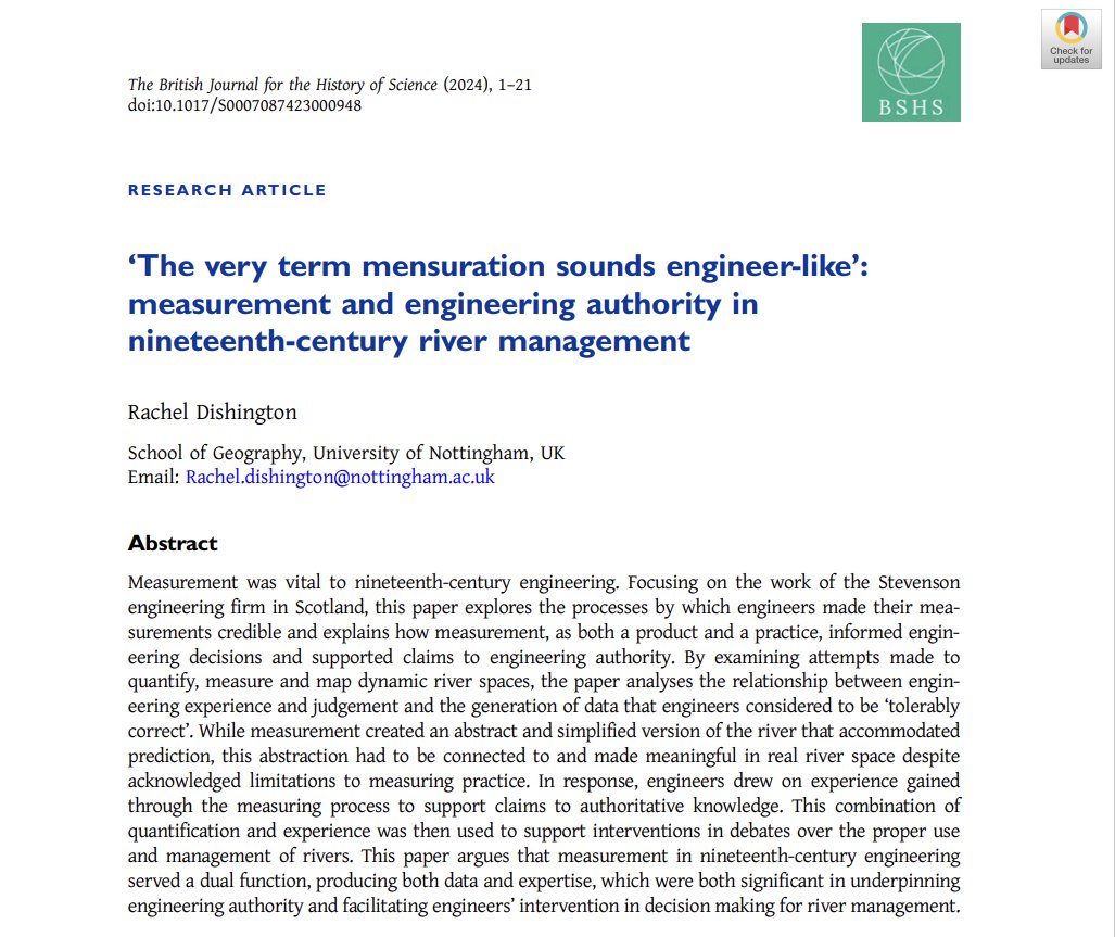 RADishington's tweet photo. New publication! 
Excited to share my new article available open access in @BJHSeditor 

I analyse river measurement by C19th engineers and argue that the expertise gained through measuring practice was as important as the data it generated. 

https://t.co/G2rqEZZSs6 https://t.co/MFA7Dpu4rt