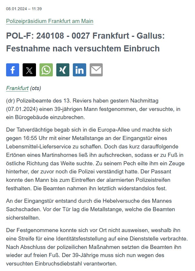 Polizei_Ffm's tweet photo. #Frankfurt #Gallus
Ein Zeuge beobachtete gestern einen Einbrecher auf frischer Tat und ermöglichte durch das Wählen des #Notruf110 und das Festhalten des Einbrechers bis zum Eintreffen der #Polizeistreife die #Festnahme.
PM: https://t.co/deS8vr9ZJg https://t.co/8A87LFFgGc