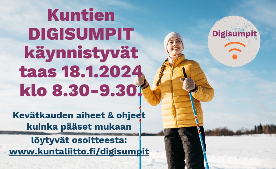Digisumpit käynnistyvät joulutauon jälkeen ensi viikolla, tuolloin teemana pilvipalvelulinjaukset. Kaikki kevään aikataulut ja aiheet löytyvät verkosta <a href="/Kuntaliitto/">Kuntaliitto | Kommunförbundet</a> sivuilta kuntaliitto.fi/digisumpit Tervetuloa taas mukaan!