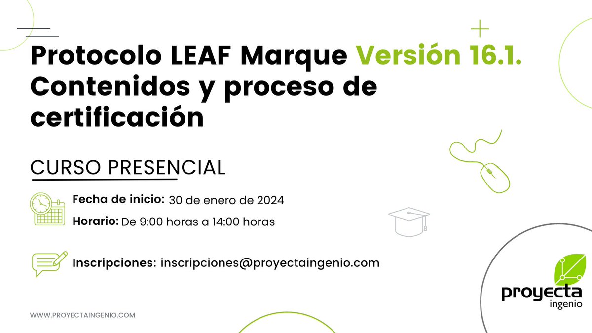 💥 NUEVO CURSO PRESENCIAL 💥 Protocolo LEAF Marque Versión 16.1. Contenidos y proceso de certificación. ✅
📅 El próximo 30 de enero de 9:00 a 14:00h.
📍Lugar de celebración: Edificio Carrida - Roquetas de Mar. 
Más información e inscripción 👇👇👇
acortar.link/DNkHfp