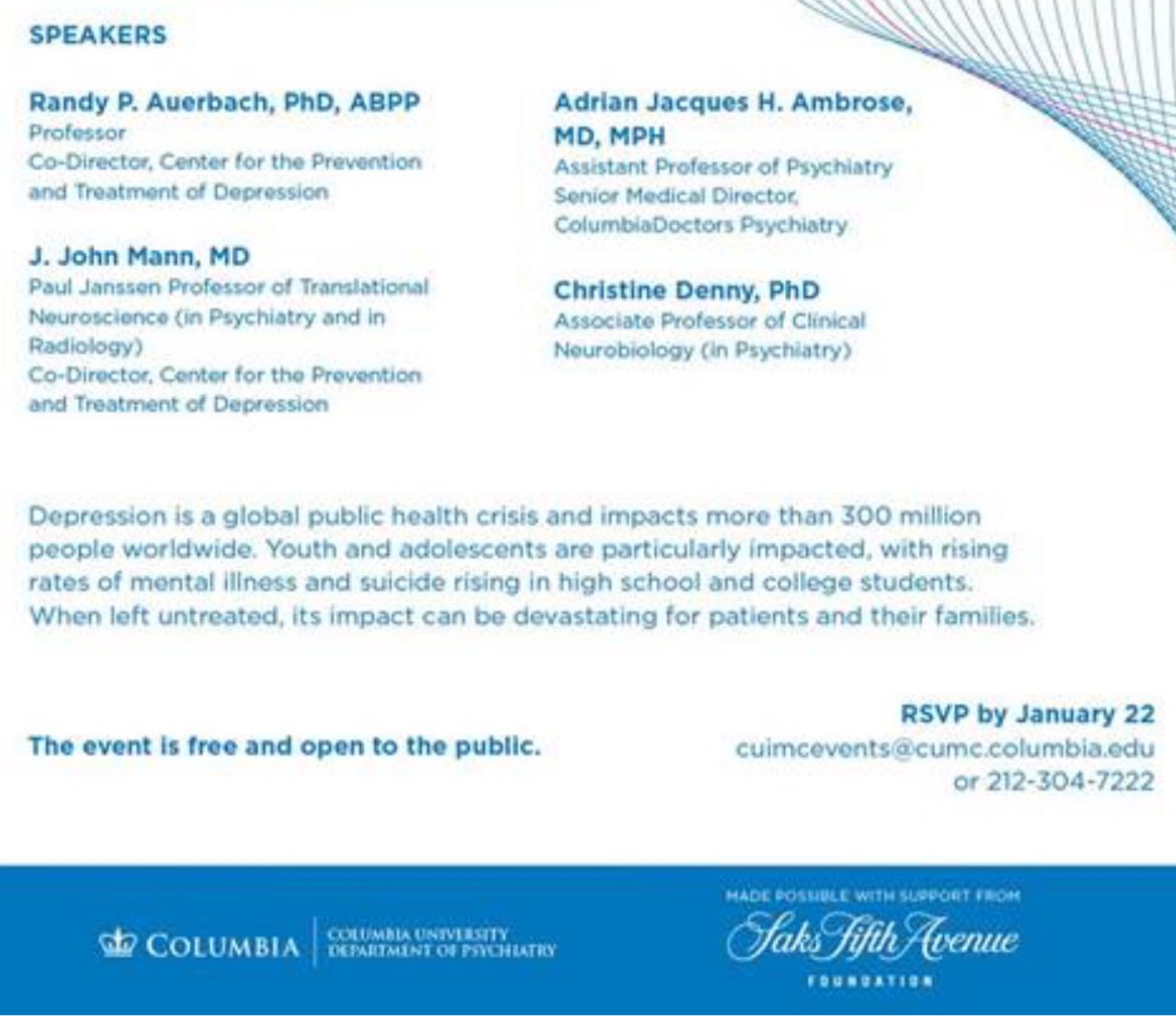 Columbia Psychiatry | Depression Center (@columbiacptd) on Twitter photo Join our co-directors <a href="/DrJohnMann/">J John Mann</a> & <a href="/Auerbach_Lab_CU/">Auerbach Lab at Columbia</a> in NYC on Monday 1/29.
Learn how <a href="/ColumbiaPsych/">Columbia Psychiatry</a> researchers are directly helping support people with #depression and work to #StopSuicide.
See more info ⬇️ Join our co-directors <a href="/DrJohnMann/">J John Mann</a> & <a href="/Auerbach_Lab_CU/">Auerbach Lab at Columbia</a> in NYC on Monday 1/29.
Learn how <a href="/ColumbiaPsych/">Columbia Psychiatry</a> researchers are directly helping support people with #depression and work to #StopSuicide.
See more info ⬇️