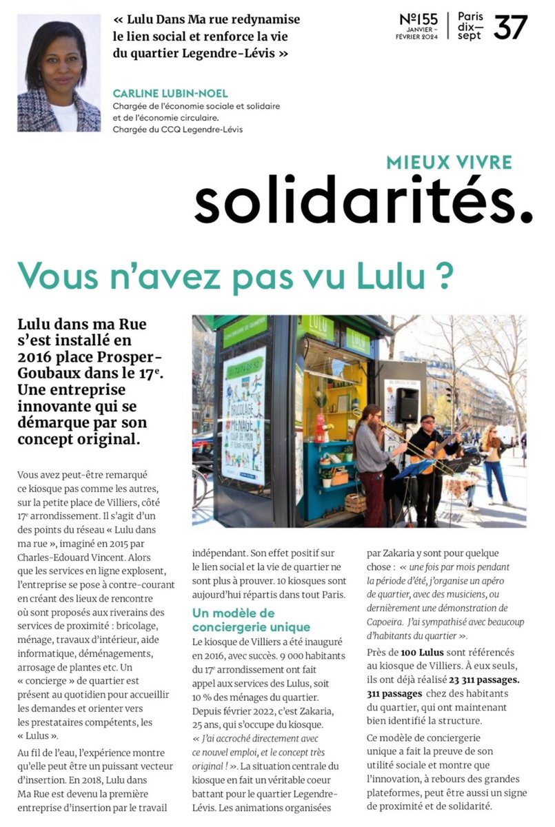 Très heureux de cette mise en Lulu-mière dans le dernier numéro du journal Paris Dix-sept du kiosque Villiers <a href="/Luludansmarue/">Lulu dans ma rue</a> que j'avais fait installer en décembre 2016. Merci à <a href="/Carline_LN/">Carline Lubin-Noël</a> et <a href="/geoffroyboulard/">Geoffroy Boulard</a> de valoriser cet acteur majeur de l'ESS à Paris et dans le 17e