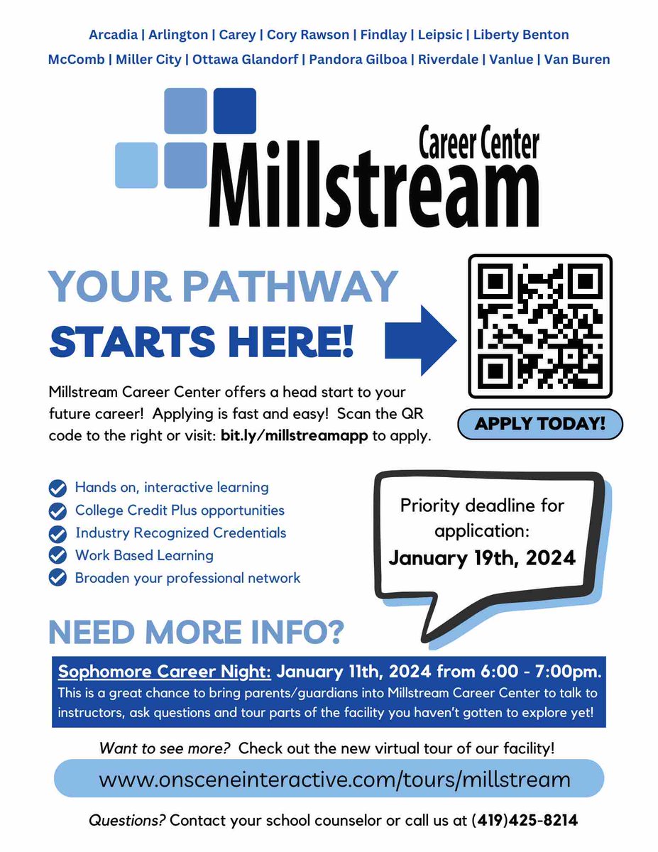 Calling all sophomores who are interested in Millstream for the 2024-2025 academic year!  Our Career Night is this Thursday! Join us!