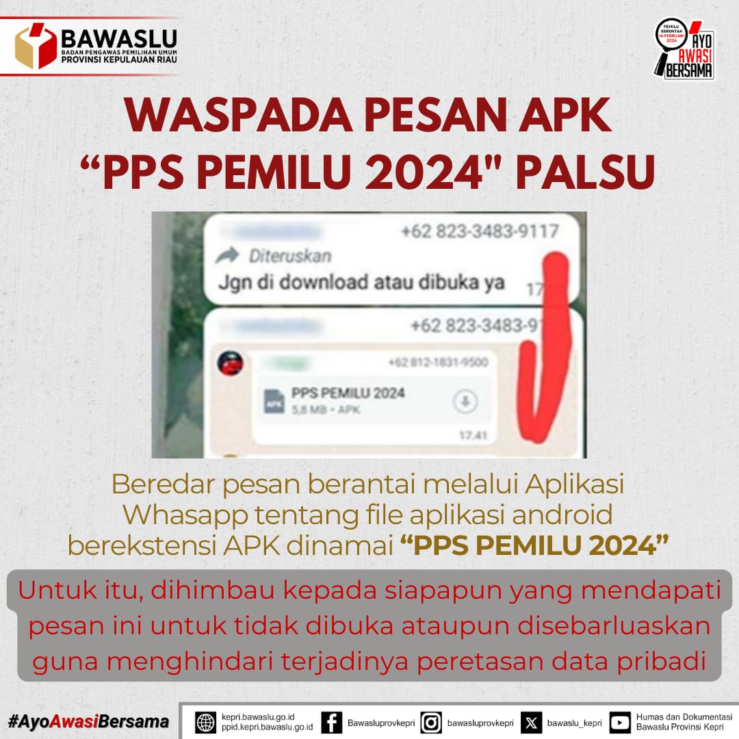 joyce16889's tweet photo. waspada file APK

Jangan buru-buru di install atau disebarluaskan
file APK yang diberi nama “PPS Pemilu 2024”. Hanya install melalui situs resmi
#AyoAwasiBersama
#BersamaBawasluAwasiPemilu
#PemantauPemiluKepri
#PemiluSerentak2024
@bawaslu_RI
@BawasluKepri
@BawasluBatam https://t.co/HojZO3BPcm