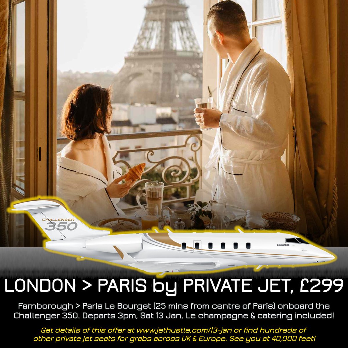 JetHustle's tweet photo. When Audrey Hepburn said "Paris is always a good idea", she wasn't kidding!

Fly  London Farnborough > Paris Le Bourget on Saturday 13 Jan onboard the Challenger 350 private jet.
•
•
•
📍 #travel #privatejet #travelling #JetHustle #Paris https://t.co/zWk5ZxQtMg