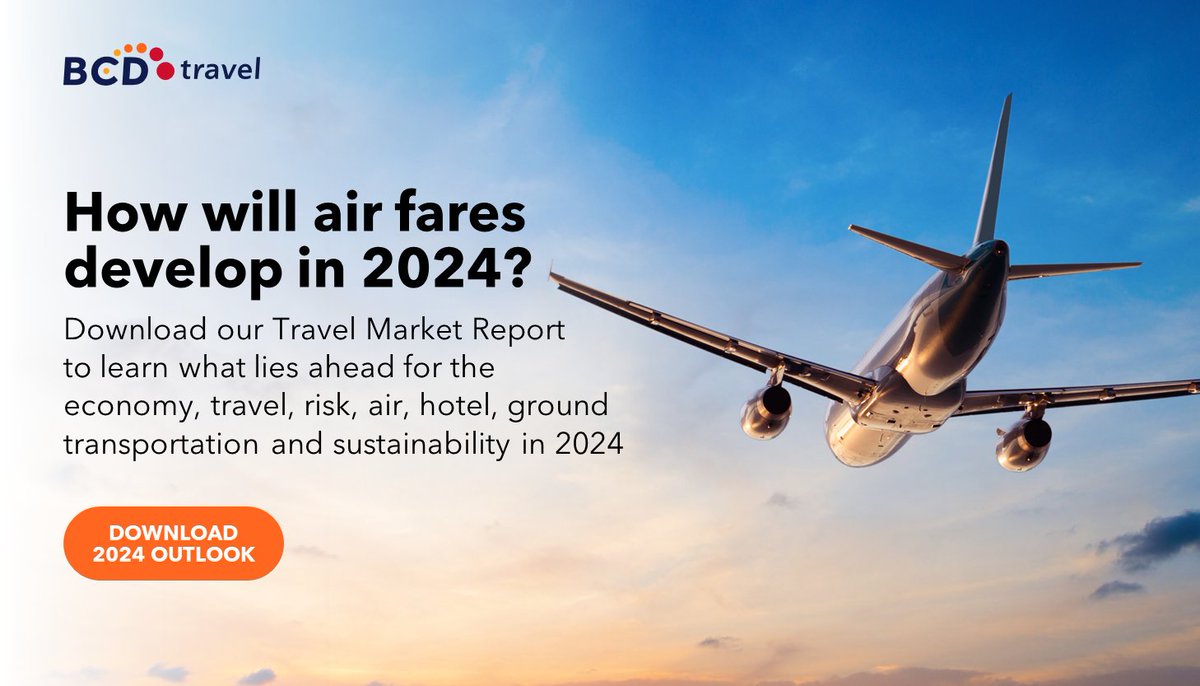 BCDTravel's tweet photo. How will airfares develop in 2024? ✈️💵📈
Check out our 2024 Outlook to get the answer ➡️ https://t.co/hbnC1cnrzG
#BusinessTravel #TravelManagement
#TravelTrends #Forecast2024 https://t.co/8walYkZW5p