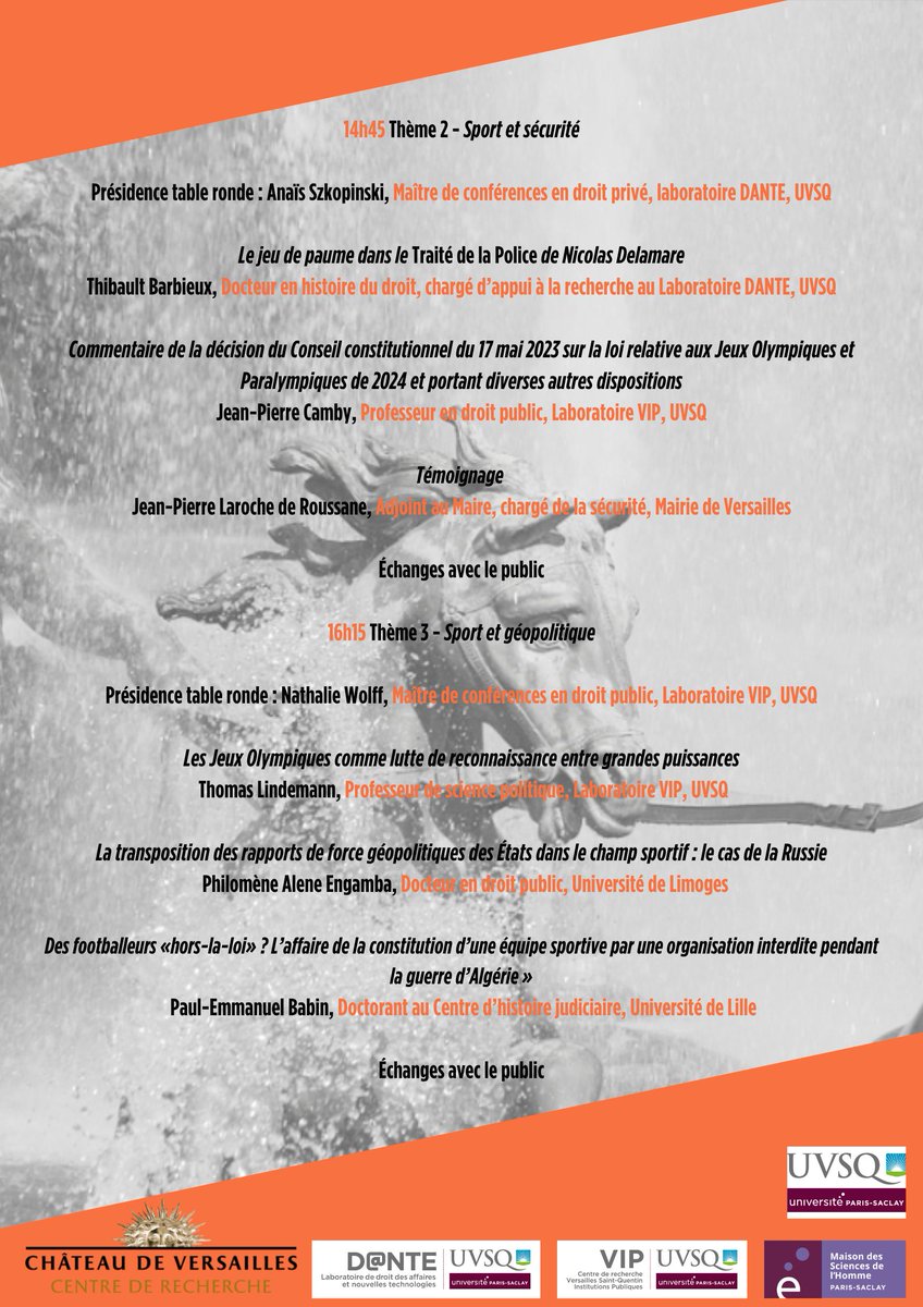 DANTE_UVSQ's tweet photo. Au colloque Sport et Politiques publiques (le 11/01 au @CVersailles) nous recevrons M. Laroche de Roussane, Adjoint au Maire de Versailles, chargé de la sécurité, qui témoignera de l’organisation des épreuves équestres pour les JOP #Paris2024 Inscription : https://t.co/4eiHeGRgLL https://t.co/VwrUG7xYCm