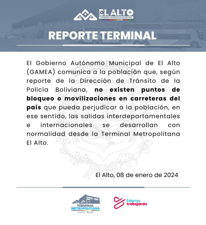 Terminal_Metro's tweet photo. 𝗥𝗘𝗣𝗢𝗥𝗧𝗘 𝗧𝗘𝗥𝗠𝗜𝗡𝗔𝗟  🚍

08 de enero de 2024

#EstamosTrabajando
#ElAlto 
#TerminalMetropolitanaElAlto
#Ultimo https://t.co/8f1ZYpIFg4