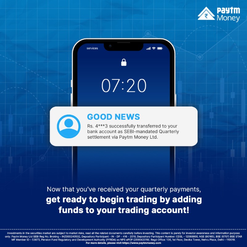 PaytmMoney's tweet photo. Here are 3 steps to resume #trading after your #QuarterlyPayments:
1. Receive your quarterly payments on first #Friday of every quarter.
2. Add funds to your trading account after receiving the quarterly payment.
3. Be an early bird and begin trading now.
#PaytmMoney #AddFunds