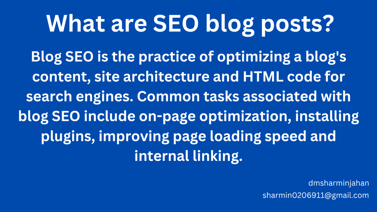 What are SEO blog posts?
Blog SEO is the practice of optimizing a blog's content, site architecture and HTML code for search engines. Common tasks associated with blog SEO include on-page optimization, installing plugins.
#seoulblog #seoblog#seoulblogger#seofoodblogger #seoblogs