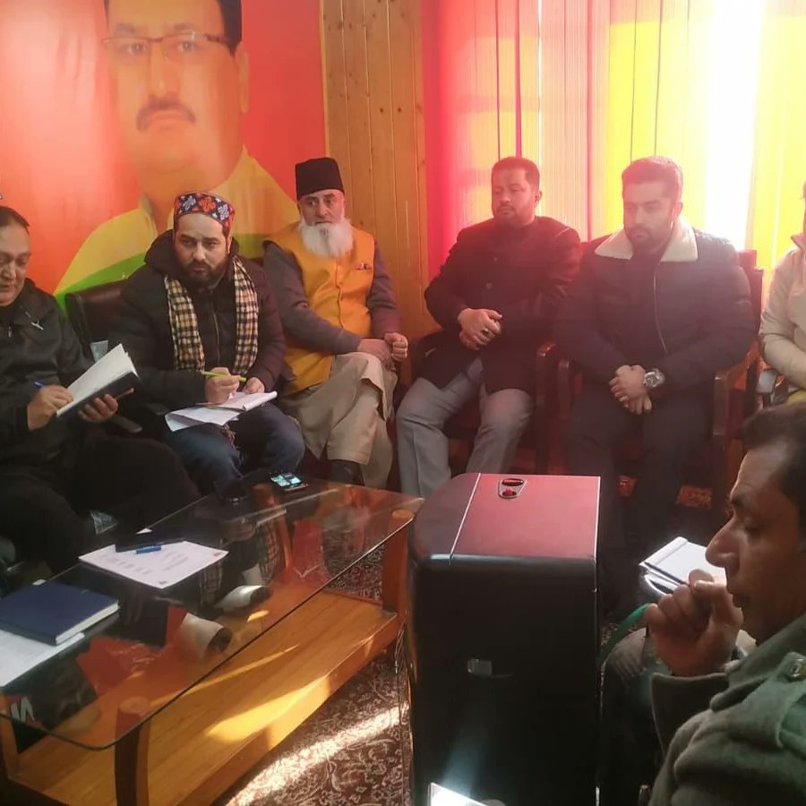 GemsKashmir's tweet photo. Today, a pivotal meeting convened at the BJP Head Kashmir J53 Jawahar Nagar, Srinagar.  Members of the Srinagar Parliamentary Constituency Core Group gathered to deliberate on strategies and construct a comprehensive work plan in preparation for the upcoming parliamentary elections 2024.

In attendance were distinguished leaders including Dr. Ali Mohammad Mir, Arif Raja, Mudasir wani, Adv. sajid yousuf Shah, Salinder Singh, Bilal Parray, Ashok Bhat, Shiekh Bashir, Er. sahil Bashir, Adv. Salman, Ashraf Azad, Gazi Ruhullah, Mohd Latief ,  mohd. Amin shah, adil Ahmad, Er. sajad Reshi, ruheena shahzad each contributing their expertise and commitment to the discussions.

"Our concerted efforts and meticulous planning will shape our approach to representing the aspirations of Srinagar's populace in the upcoming parliamentary elections," emphasized by BJP leaders.

The meeting's agenda revolved around crafting a detailed roadmap that emphasized grassroots engagement, innovative outreach initiatives, and the strategic utilization of technological advancements to effectively communicate the party's vision throughout the Srinagar constituency.

Key areas of focus identified during the discussions included community-centric programs, tailored voter awareness campaigns, and specific strategies to address localized concerns effectively.

The BJP reaffirms its unwavering dedication to serving the community, promoting progress, and championing the welfare of the constituents.

#BJP4JK