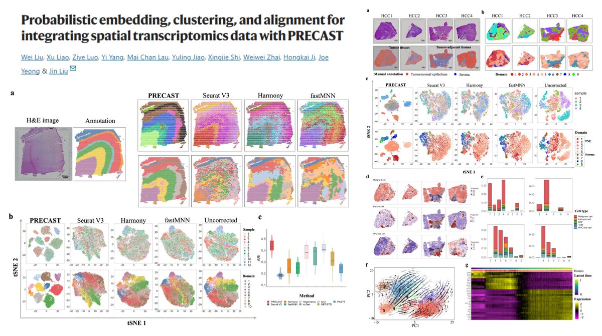 HaoYin20's tweet photo. Correcting #BatchEffect for #SpatialTranscriptomics
#PRECAST
Integrating spatial data #Visium, ST, #SlideseqV2 from different slides/subjects
Housekeeping gene-based
Outperforming #Harmony #SeuratV3
1⃣Data integration➡️F1 #AverageSilhouetteCoefficients
2⃣Aligned embeddings➡️#CanonicalCorrelationCoefficients
3⃣Spatial clustering➡️#AdjustedRandIndex
@NatureComms 2023
https://t.co/5UP5TsVnw2