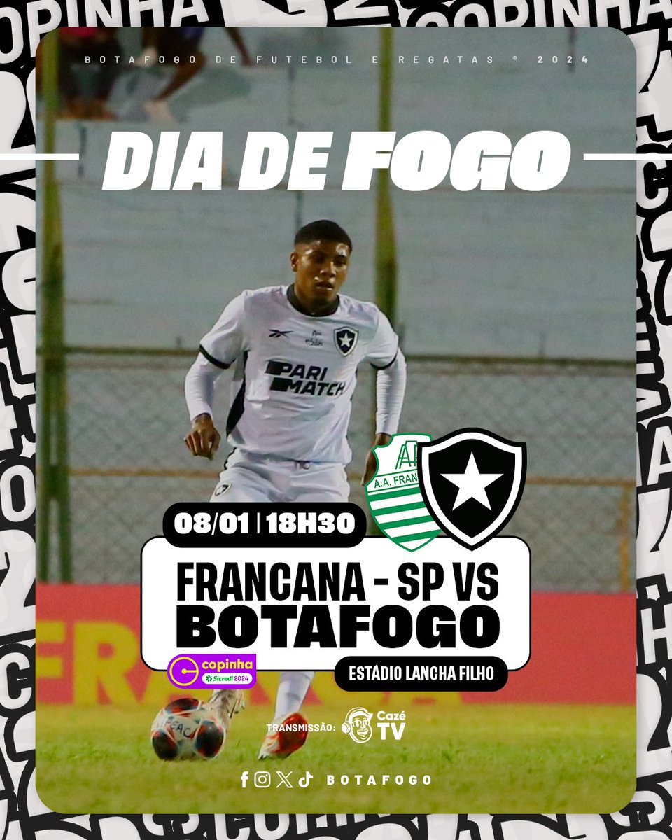 Botafogo's tweet photo. DIA DE FOGO 🔥
Os crias do Fogão encaram o Francana-SP, pela 3ª rodada da Copinha, às 18h30, no Estádio Lancha Filho, em Franca-SP. Transmissão da partida na CazéTV. Bora, garotada! 🌟 #BFRBaseForte #FogoNaCopinha24 https://t.co/Zxh6zsFbuG