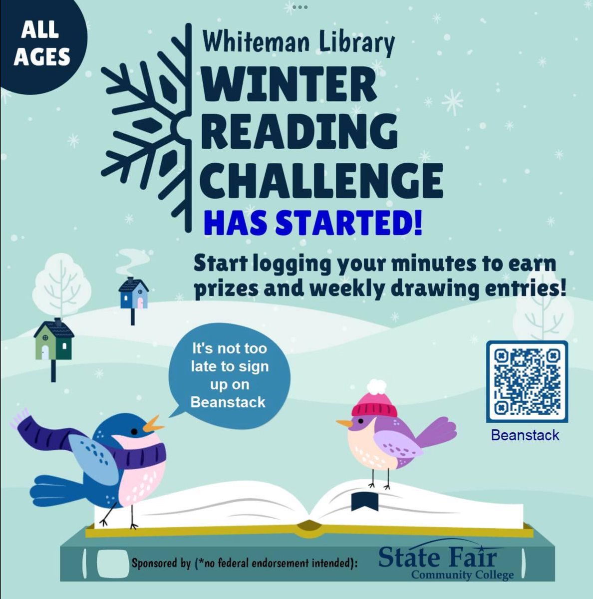 wafblibrary's tweet photo. All those books you read last week? It's time to add up the minutes and log them in Beanstack for the Winter Reading Program!  https://t.co/hIvI3JZnn5 https://t.co/MVSjmiQp7I