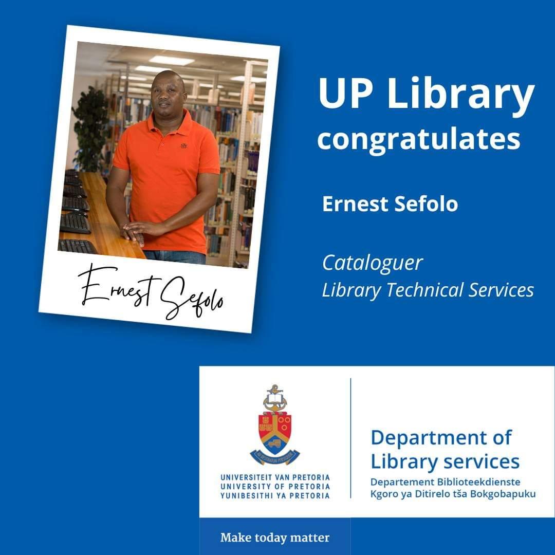 elsabeolivier's tweet photo. @UPLibrary We are thrilled to announce Ernest Sefolo's appointment as a Cataloguer in the Library Technical Services Unit at the Department of Library Services. 📚 Welcome aboard, Ernest! 🌟 #NewBeginnings #LibraryServices #TeamAnnouncement https://t.co/BA4OtM4bsD