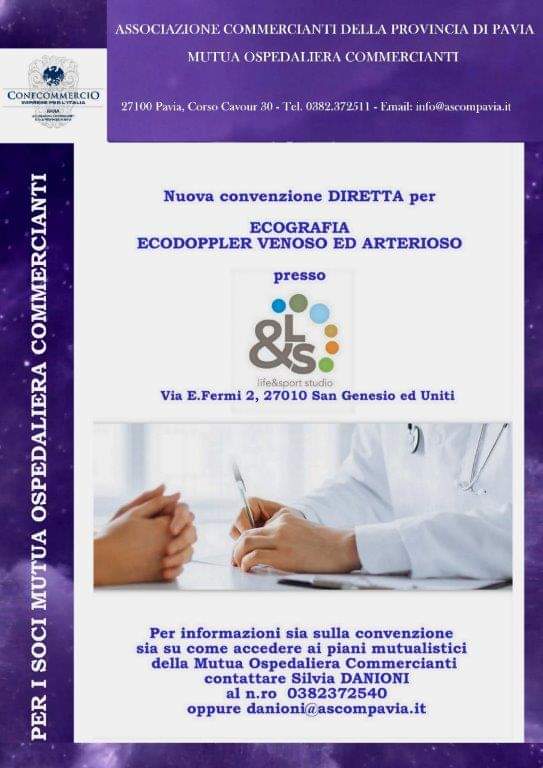 👉 ASCOM C'È // Salute. È attiva una nuova convenzione diretta con lo studio LIFE&amp;SPORT di San Genesio ed Uniti. È una convenzione per ecografie ed ecodoppler rivolta ai soci Mutua ospedaliera Commercianti. ✅ PER INFORMAZIONI > 0382 372540, Silvia Danioni, danioni@ascompavia.it