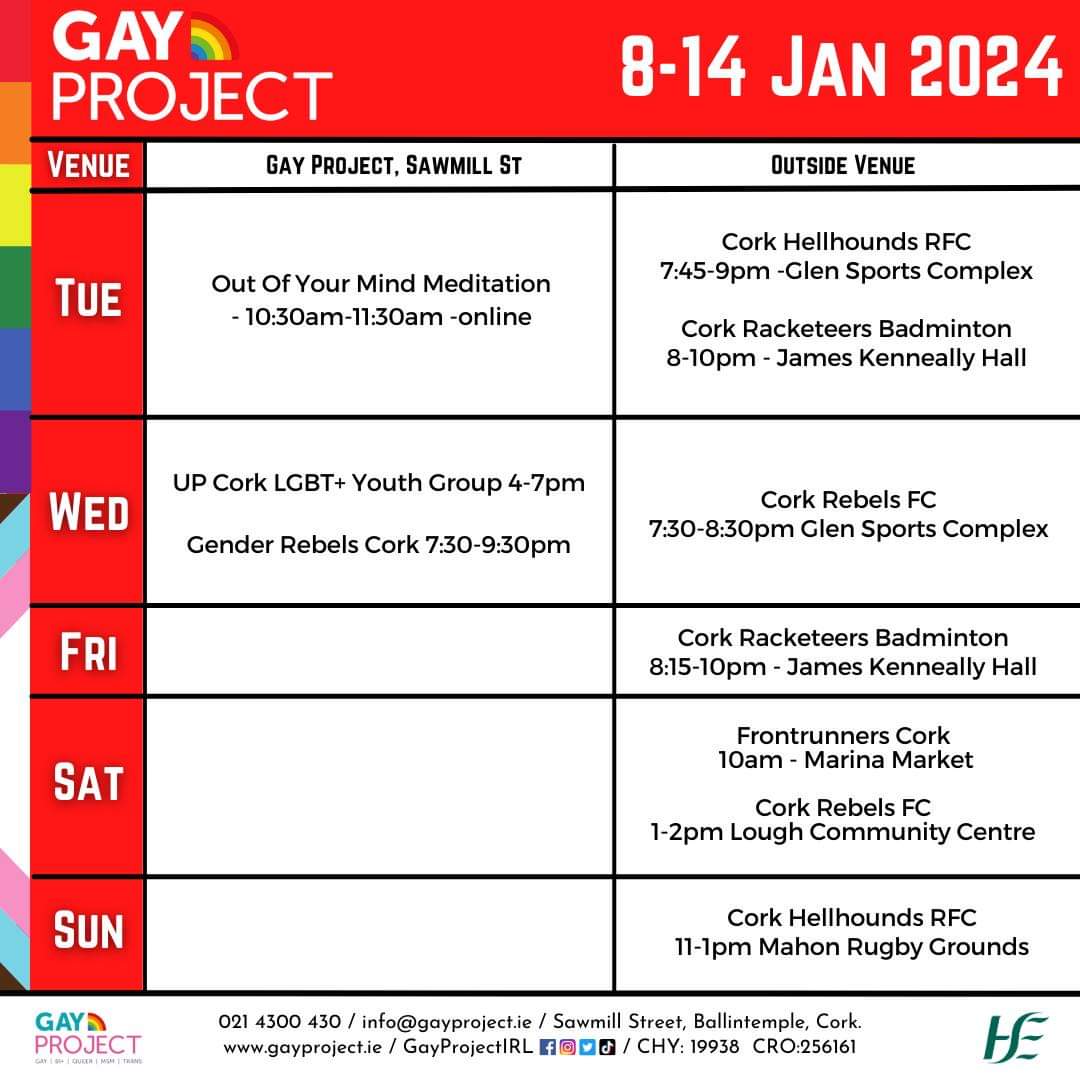 We're Baaaack! Happy New Year to all! Some of our services and groups return this week and our social cafés will resume from next week. Check out this weeks schedule below! #GayProject