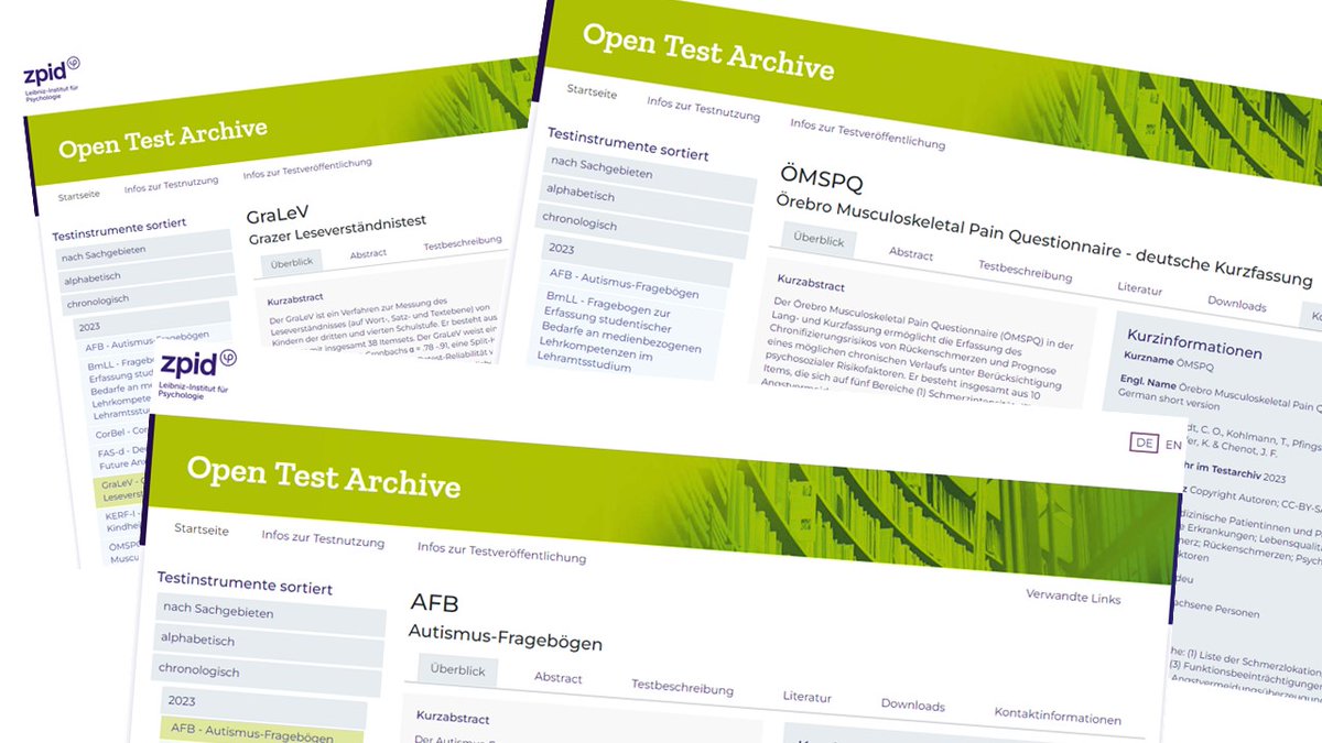 ZPID's tweet image. ‼️ Im Open Test Archive des ZPID sind drei neue Tests veröffentlicht ‼️

👉👉Zu finden unter testarchiv.eu

#tests #psychologie #fragebogen
#autismus #leseverständnis #Rückenschmerz