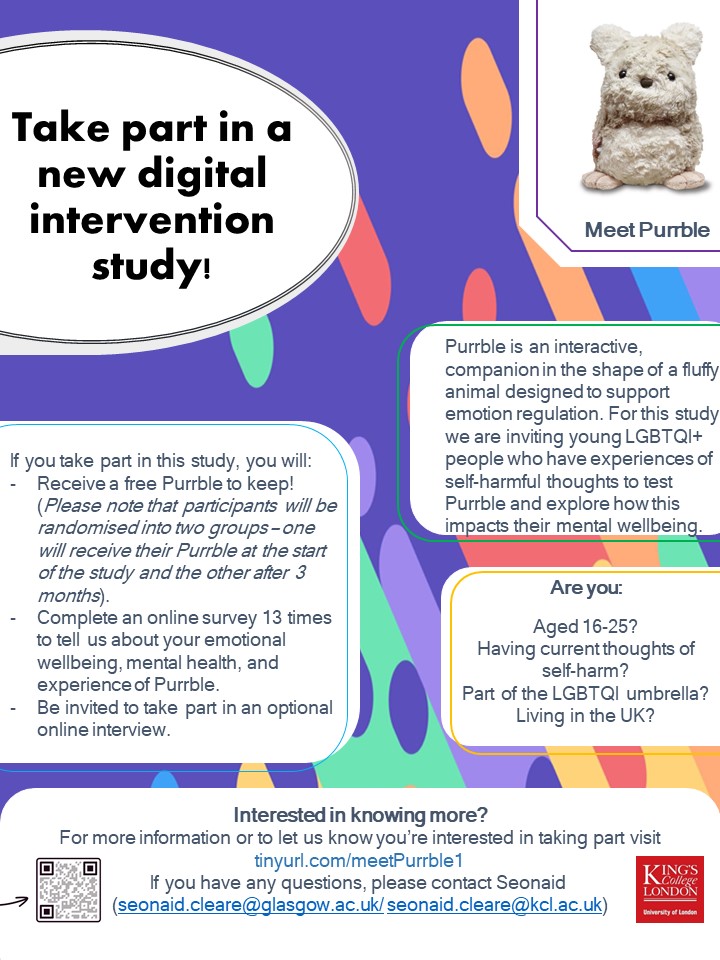 📢 NEW PURRBLE STUDY 📢 Introducing our latest #digital #Intervention #Purrble study. If you are 16-25 years old, part of the LGBTI+ umbrella, experience thoughts of self-harm, and would like to meet purrble visit tinyurl.com/meetPurrble1