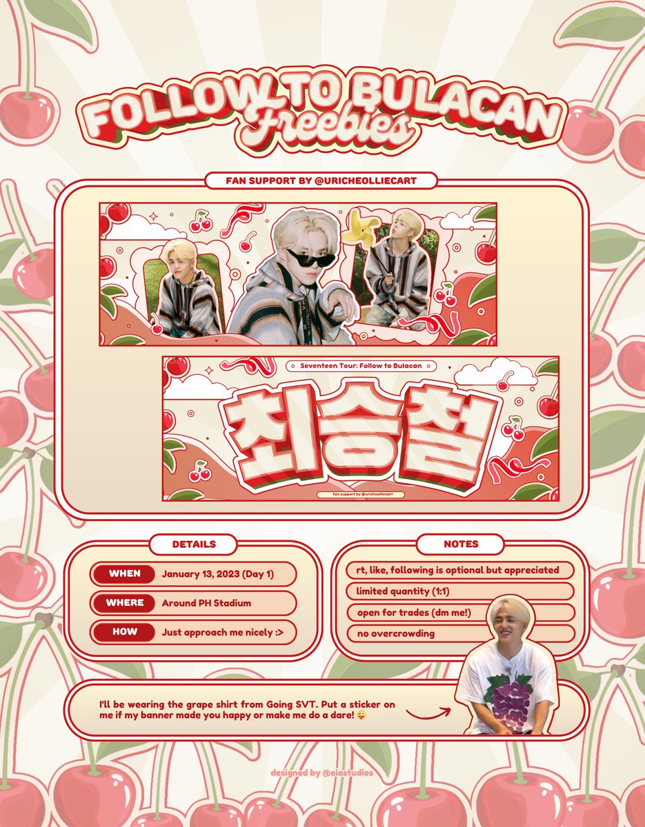 uricheolliecart's tweet photo. 🍒seventeen follow to bulacan freebies 🍒
— #scoups fan support by @uricheolliecart
❥ jan 13 (day 1)
❥ time and loc: tba
❥ 1:1 limited qty
❥ dm for trades
make me do a dare and put a sticker on me !
see u, carats ✮
#SEVENTEEN #세븐틴
#SVT_TOUR_FOLLOW
#FOLLOW_TO_BULACAN https://t.co/nJbZPF3cRP